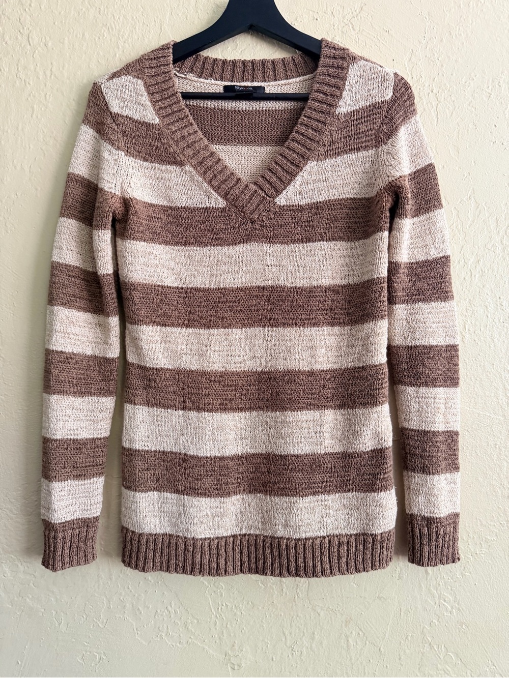 Style & Co. Women’s V-Neck Striped Sweater in Cream and Brown